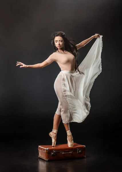 Schöne Ballerina Weißem Rock Posiert Auf Retro Koffer Auf Dunklem — Stockfoto