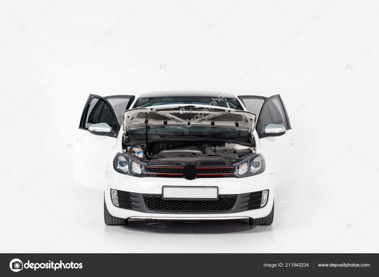 One New White Car Open Doors Open Hood White Stock Photo by