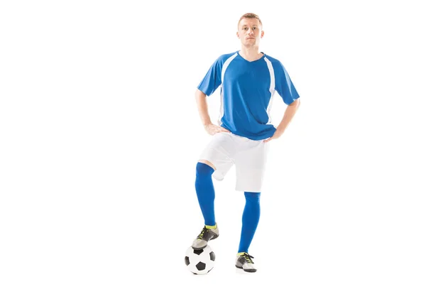 Confident Young Soccer Player Standing Hands Hips Looking Camera Isolated — Stock Photo, Image