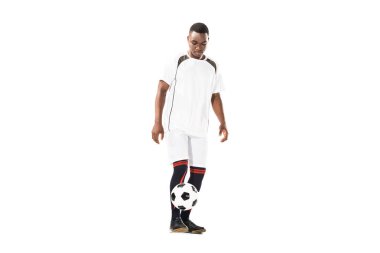 young african american sportsman playing with soccer ball isolated on white clipart