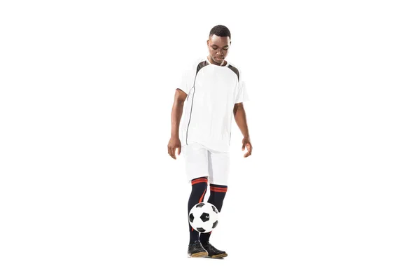 Young African American Sportsman Playing Soccer Ball Isolated White — Stock Photo, Image