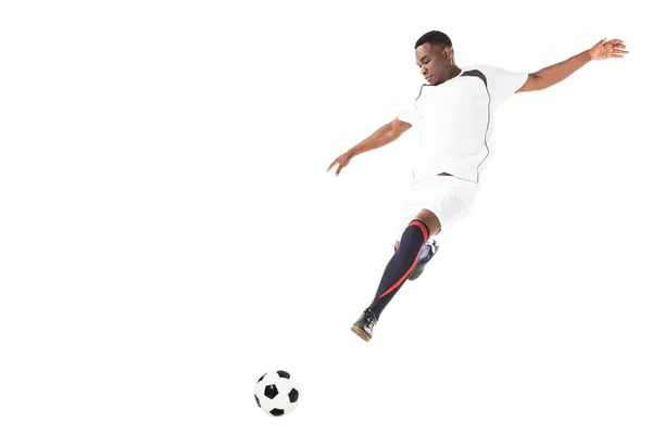 Young African American Soccer Player Kicking Ball Jump Isolated White — Stock Photo, Image