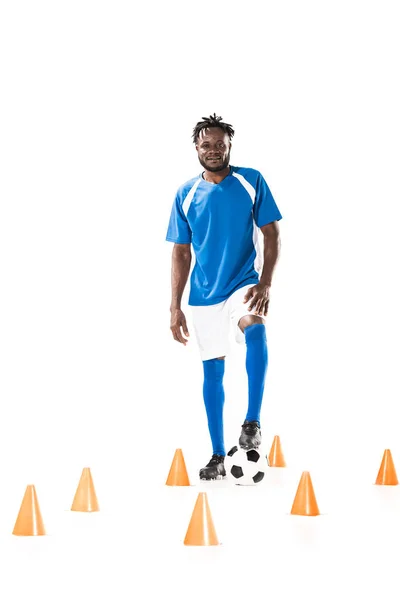 Young African American Sportsman Standing Soccer Ball Marker Cones Smiling — Stock Photo, Image