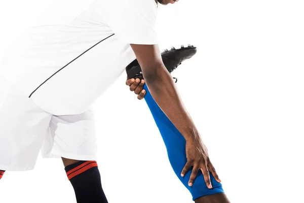 Cropped Shot Young African American Sportsman Stretching Leg Soccer Player — Free Stock Photo