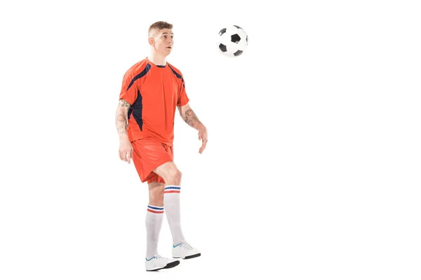 Full Length View Athletic Young Soccer Player Kicking Ball Isolated — Stock Photo, Image