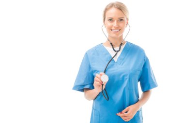 smiling young nurse with stethoscope looking at camera isolated on white clipart