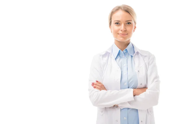 Confident Young Female Doctor Crossed Arms Looking Camera Isolated White — Stock Photo, Image