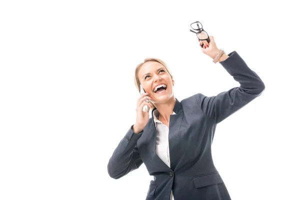 Expressive Young Businesswoman Talking Phone While Shouting Looking Isolated White — Stock Photo, Image