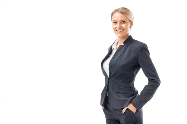 Beautiful Young Businesswoman Suit Looking Camera Isolated White — Stock Photo, Image