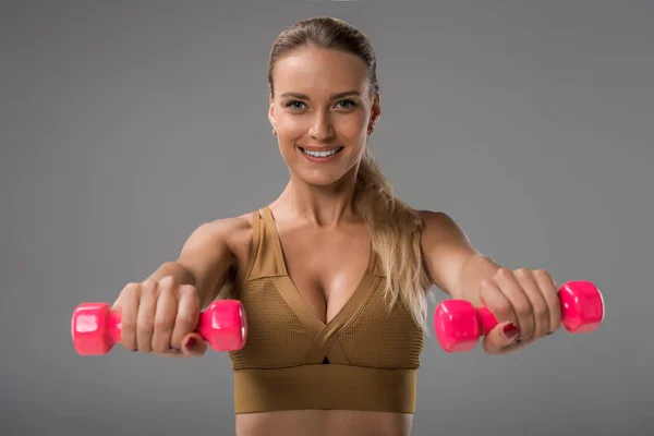 Close Portrait Sportive Happy Young Woman Exercising Dumbbells Grey — Stock Photo, Image