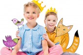 adorable children in yellow paper crowns, isolated on white with drawn imaginary fox and birds
