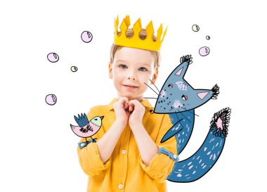 adorable boy in yellow crown with please gesture, isolated on white with drawn fox and bird clipart