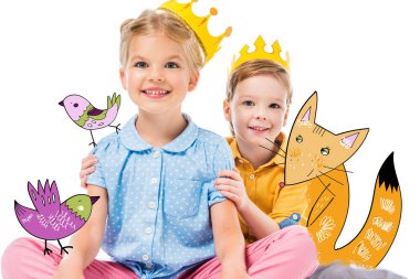 adorable children in yellow paper crowns, isolated on white with drawn imaginary fox and birds clipart