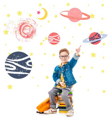 smiling schoolboy pointing up while sitting on pile of books with backpack, isolated on white with fantasy universe and planets clipart