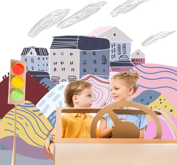 Bedårande Barn Köra Kartong Bil Med Trafikljus Ritade City — Stockfoto