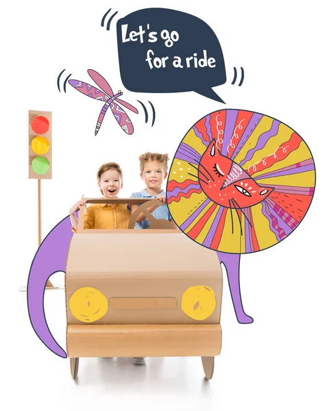 Excited Adorable Children Driving Cardboard Car Traffic Lights Drawn Lion — Stock Photo, Image