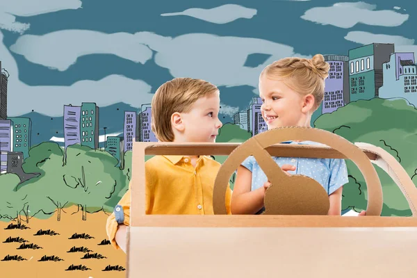 adorable children driving cardboard car in drawn city and park on background