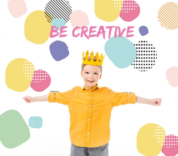 Happy Boy Yellow Crown Outstretched Hands Isolated White Creative Inspiration — Free Stock Photo