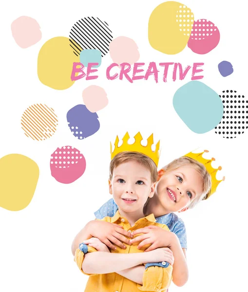 Sister Hugging Brother Kids Yellow Paper Crowns Isolated White Creative — Stock Photo, Image