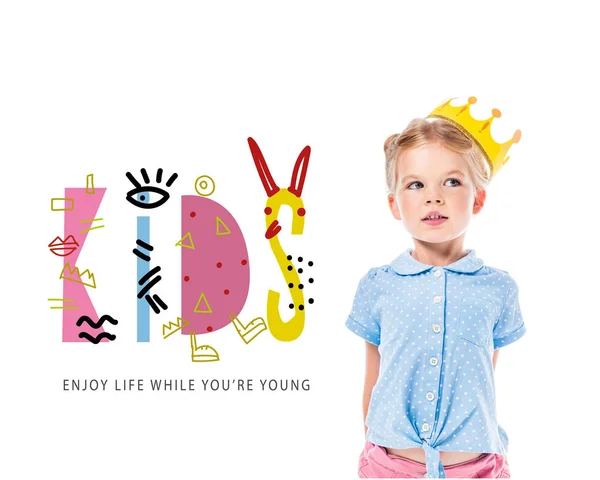 Adorable Pensive Kid Yellow Crown Isolated White Kids Enjoy Life — Stock Photo, Image