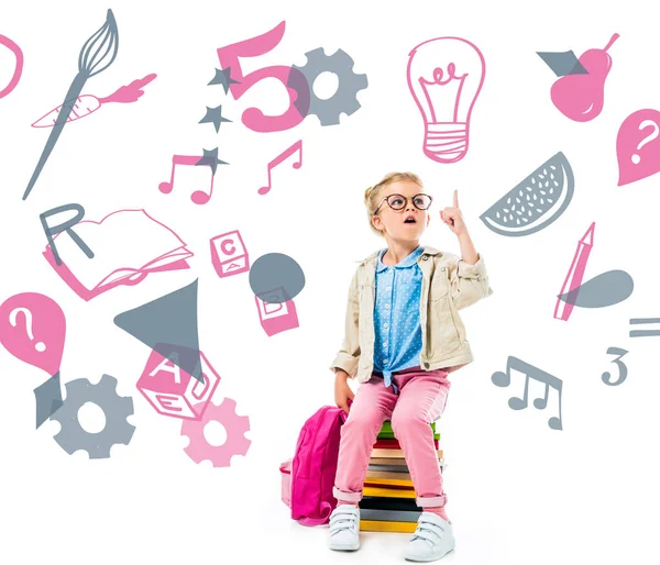 Excited Schoolchild Pointing Having Idea While Sitting Pile Books Backpack — Stock Photo, Image