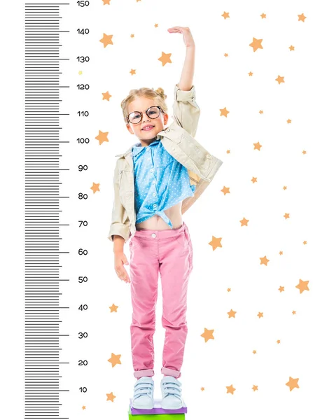 Happy Kid Eyeglasses Standing Pile Books Higher Isolated White Stars — Stock Photo, Image