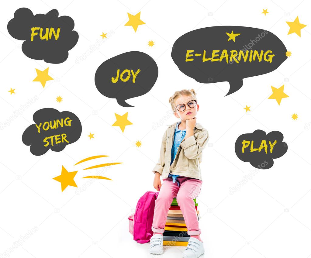 thoughtful schoolgirl sitting on pile of books with pink backpack isolated on white with stars and icons - E learning