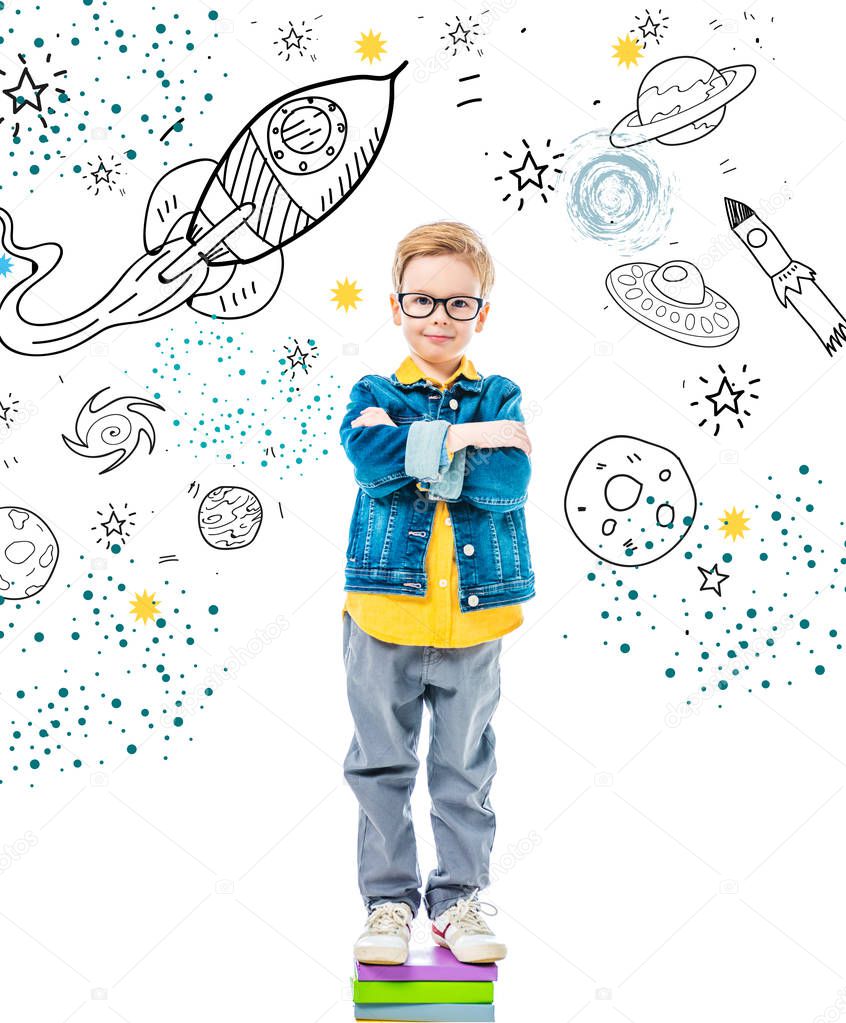 pupil with crossed arms standing on pile of books, isolated on white with space, stars and planets