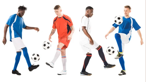 Vista Completa Jóvenes Futbolistas Multiétnicos Entrenando Con Pelotas Aisladas Blanco —  Fotos de Stock