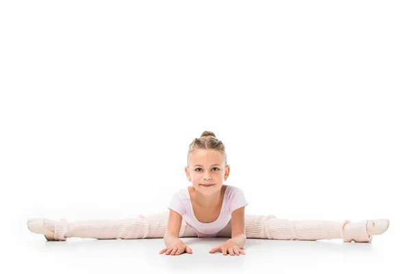 Elegante Kleine Ballerina Beim Binden Isoliert Auf Weißem Hintergrund — Stockfoto