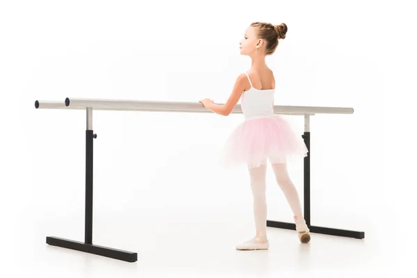 Rear View Beautiful Little Ballerina Tutu Exercising Ballet Barre Stand — Free Stock Photo