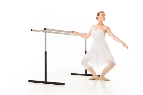 Elegant Ballerina Tutu Pointe Shoes Practicing Ballet Barre Stand Isolated — Stock Photo, Image