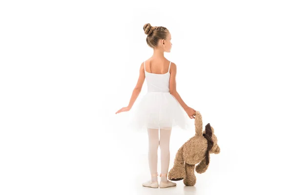 Rear View Little Ballerina Tutu Practicing Teddy Bear Isolated White — Stock Photo, Image