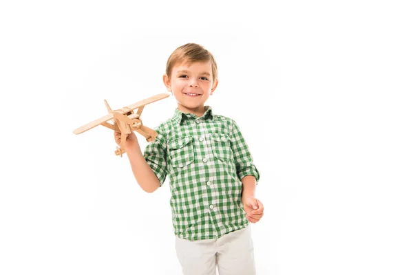 Cheerful Little Boy Playing Wooden Toy Plane Isolated White Background — Stock Photo, Image