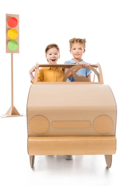 Excited Adorable Children Driving Cardboard Car Traffic Lights Background White — Stock Photo, Image