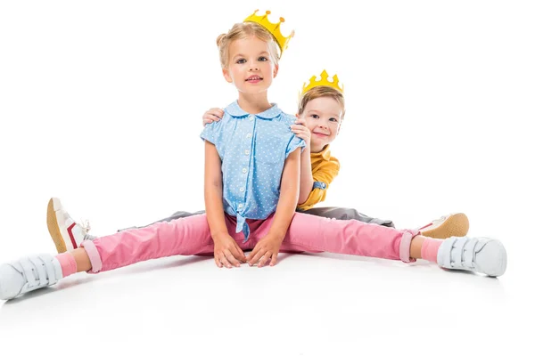 Happy Siblings Yellow Paper Crowns Sitting Together Isolated White — Stock Photo, Image