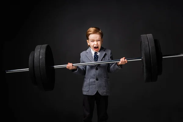 Strong Little Boy Suit Yelling Lifting Barbell Isolated Grey — Stock Photo, Image