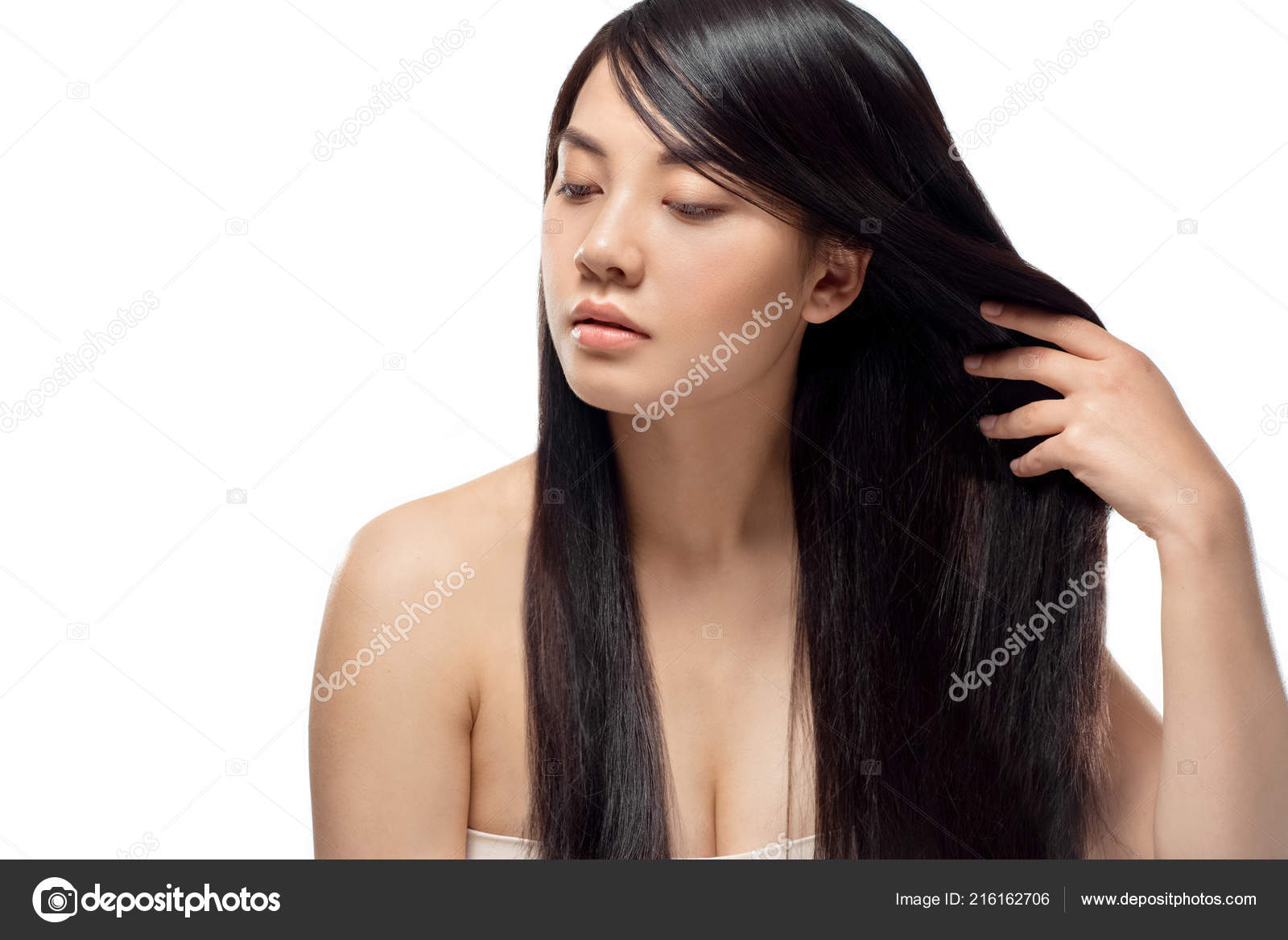 Portrait Attractive Asian Model Strong Healthy Hair Looking Away