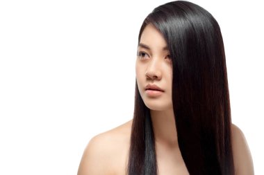 portrait of young asian woman with beautiful and healthy hair looking away isolated on white clipart