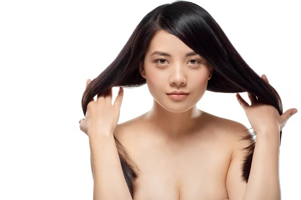 Portrait Asian Model Healthy Shiny Hair Posing Isolated White — Stock Photo, Image