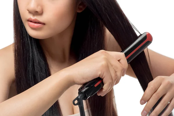 Partial View Woman Straightening Hair Hair Straightener Isolated White — Stock Photo, Image
