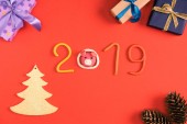 Symbolbild 2019, Tannenzapfen und Weihnachtsgeschenke auf Rot