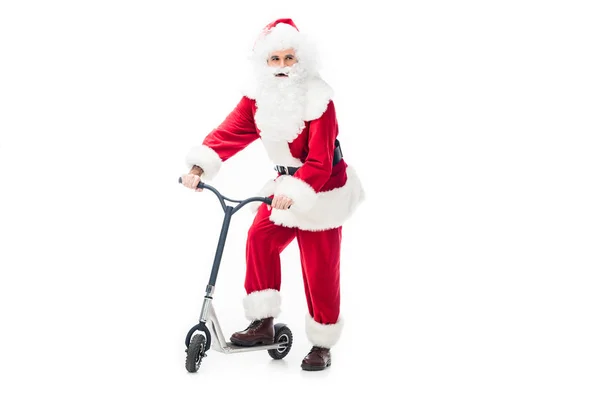 Santa Claus Traje Pie Con Patada Scooter Mirando Hacia Otro — Foto de stock gratis