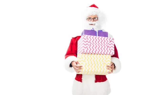 Happy Santa Claus Eyeglasses Holding Pile Christmas Presents Isolated White — Stock Photo, Image