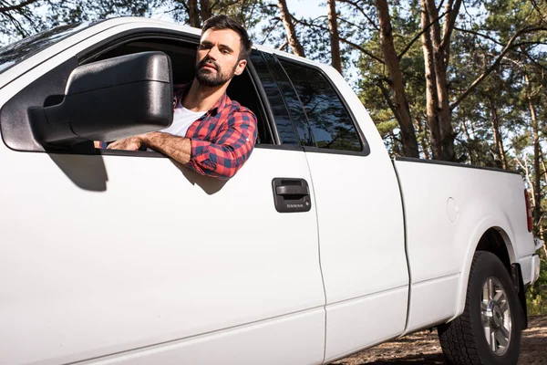 Serious Young Handsome Man Sitting Pick Car Looking Wing Mirror — Stock Photo, Image