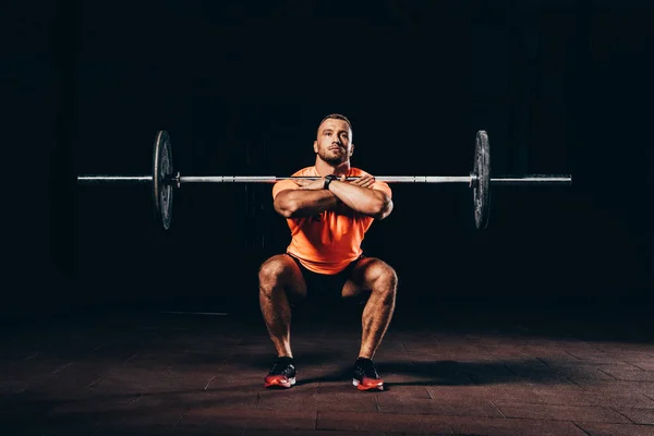 Handsome Muscular Man Doing Squats Barbell Dark Gym — Stock Photo, Image