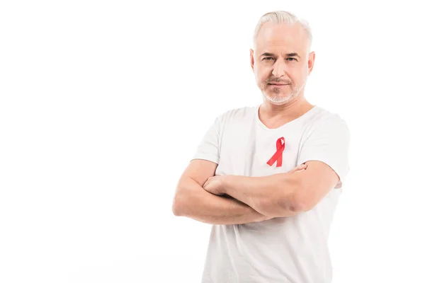 Handsome Mature Man Blank White Shirt Aids Awareness Red Ribbon — Stock Photo, Image