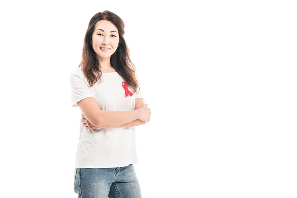 Happy Adult Asian Woman Aids Awareness Red Ribbon Shirt Looking — Free Stock Photo
