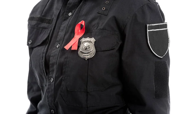 Oříznuté Záběr Ženské Policista Aids Povědomí Červenou Stužkou Izolované Bílém — Stock fotografie zdarma