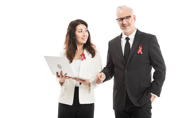 Smiling Multiethnic Adult Businesspeople Aids Awareness Red Ribbons Working Together — Stock Photo, Image